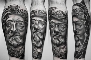 black and white realism greek zeus statue with lightning forearm tattoo tattoo idea