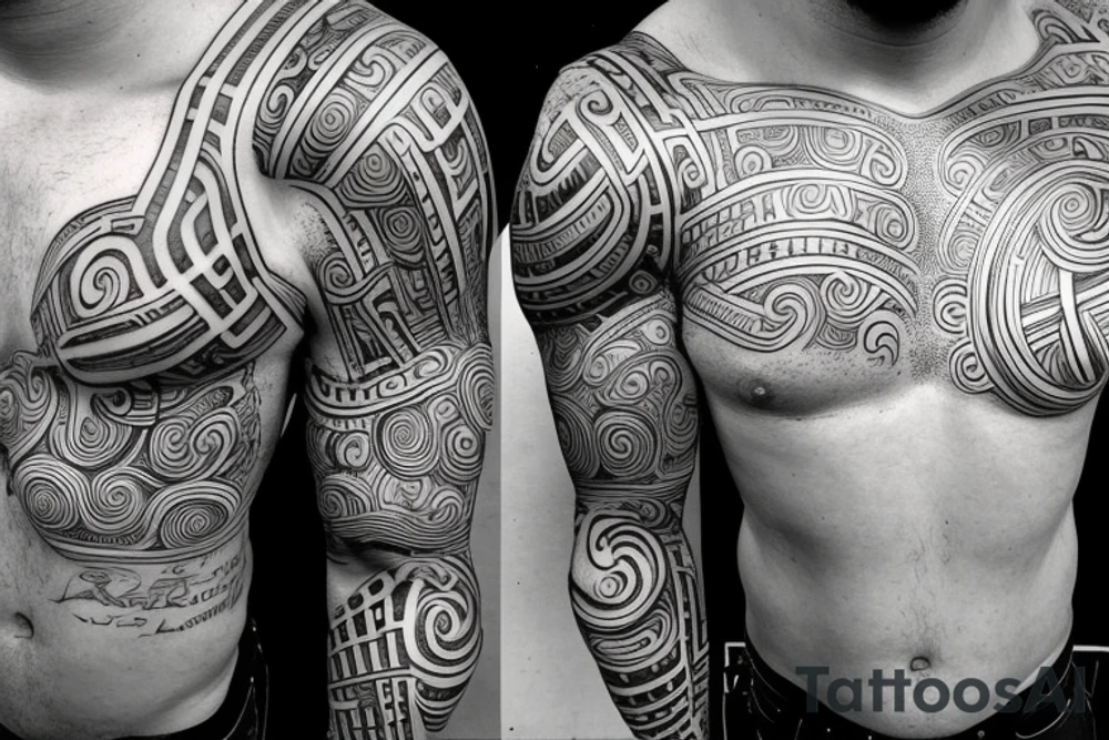 A line starting at half chest going up till middle back. Use maori style with futuristic design of depth like it’s a ruptured. Futuristic tattoo idea