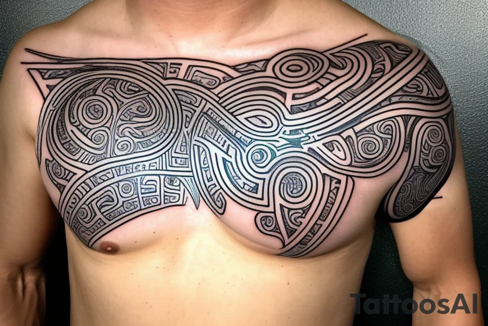 A line starting at half chest going up till middle back. Use maori style with futuristic design of depth like it’s a ruptured. Futuristic tattoo idea