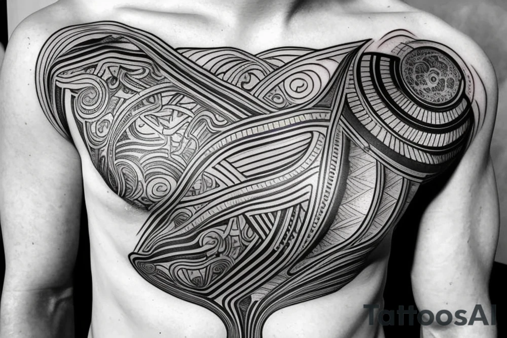 A line starting at half chest going up till middle back. Use style with futuristic design of depth like it’s a ruptured. Futuristic tattoo idea