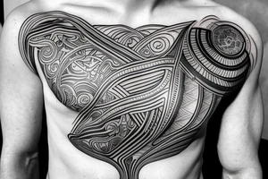 A line starting at half chest going up till middle back. Use style with futuristic design of depth like it’s a ruptured. Futuristic tattoo idea
