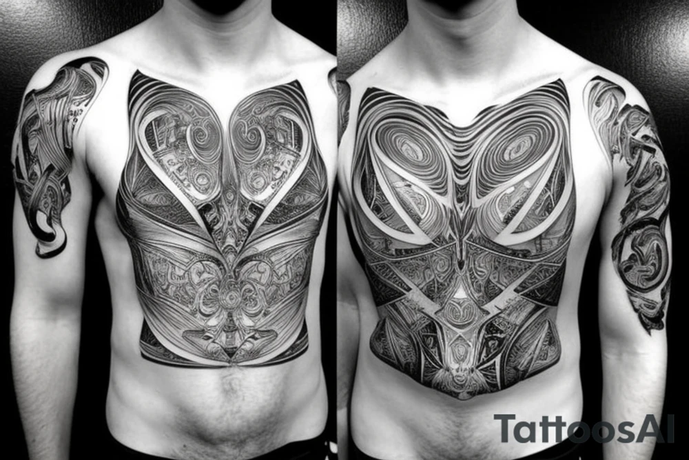 A line starting at half chest going up till middle back. Use style with futuristic design of depth like it’s a ruptured. Futuristic tattoo idea