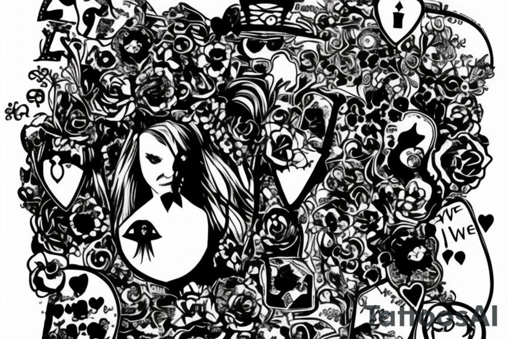 Keyhole with silhouette of Alice from Wonderland. The silhouette is filled with the words 'We're All Mad Here' tattoo idea
