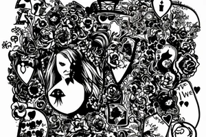 Keyhole with silhouette of Alice from Wonderland. The silhouette is filled with the words 'We're All Mad Here' tattoo idea