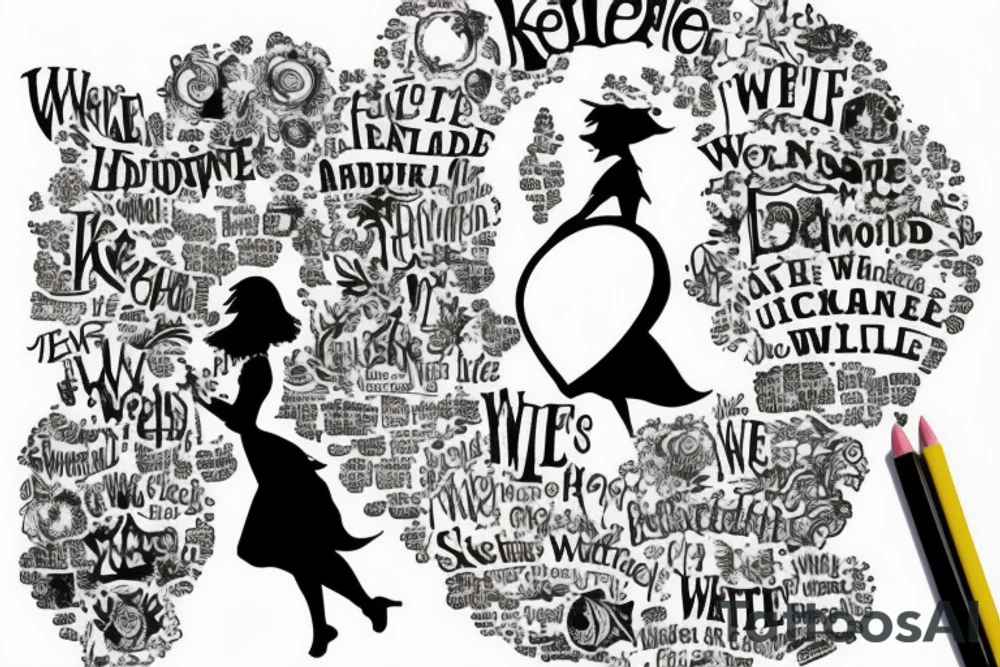 Keyhole with silhouette of Alice from Wonderland. The silhouette is filled with the words 'We're All Mad Here' tattoo idea