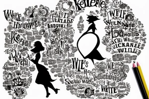 Keyhole with silhouette of Alice from Wonderland. The silhouette is filled with the words 'We're All Mad Here' tattoo idea