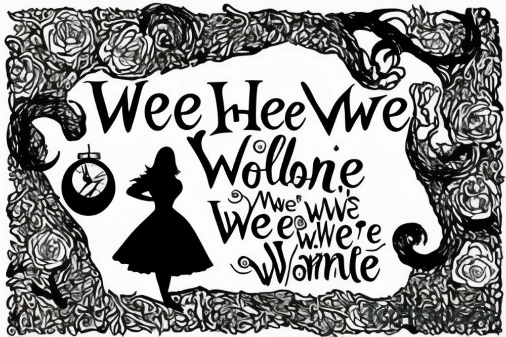 Keyhole with silhouette of Alice from Wonderland. The silhouette is filled with the words 'We're All Mad Here' tattoo idea