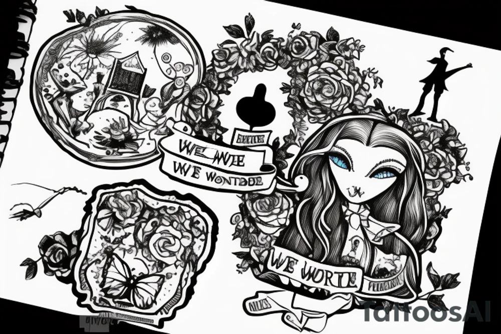 Keyhole with silhouette of Alice from Wonderland. The silhouette is filled with the words 'We're All Mad Here' tattoo idea