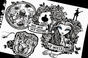 Keyhole with silhouette of Alice from Wonderland. The silhouette is filled with the words 'We're All Mad Here' tattoo idea