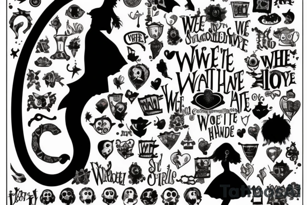 Keyhole with silhouette of Alice from Wonderland. The silhouette is filled with the words 'We're All Mad Here' tattoo idea