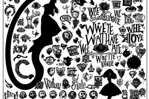 Keyhole with silhouette of Alice from Wonderland. The silhouette is filled with the words 'We're All Mad Here' tattoo idea