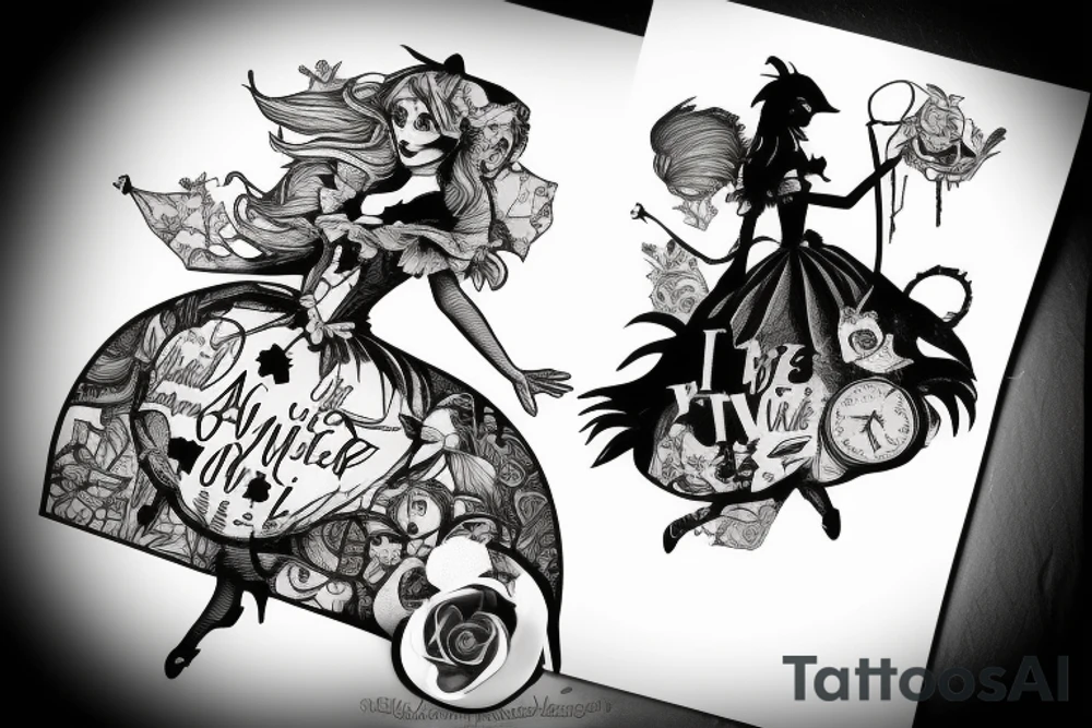 Silhouette of Alice from Wonderland. The silhouette is filled with the words 'We're All Mad Here' tattoo idea
