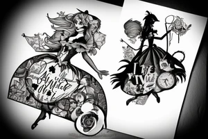 Silhouette of Alice from Wonderland. The silhouette is filled with the words 'We're All Mad Here' tattoo idea