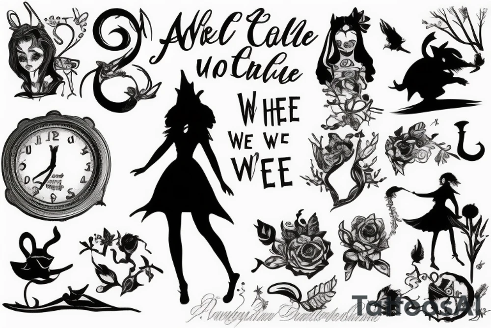 Silhouette of Alice from Wonderland. The silhouette is filled with the words 'We're All Mad Here' tattoo idea