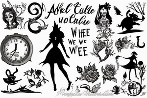 Silhouette of Alice from Wonderland. The silhouette is filled with the words 'We're All Mad Here' tattoo idea