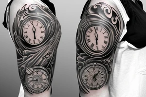 full sleeve tattoo with pocketwatch and lily on the forearm tattoo idea
