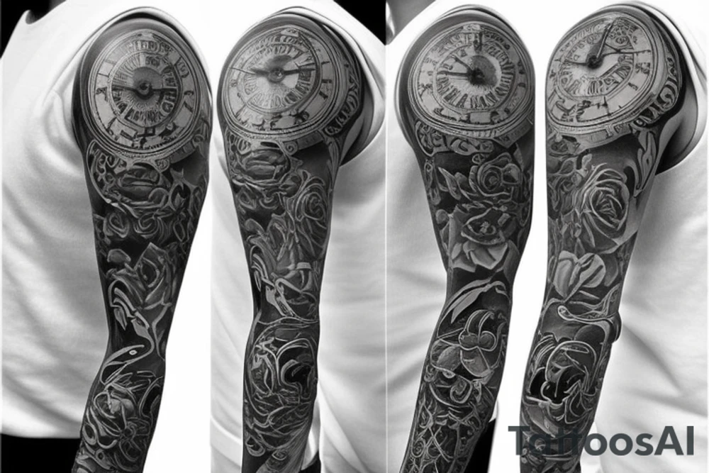 pocket watch and lily full sleeve tattoo tattoo idea