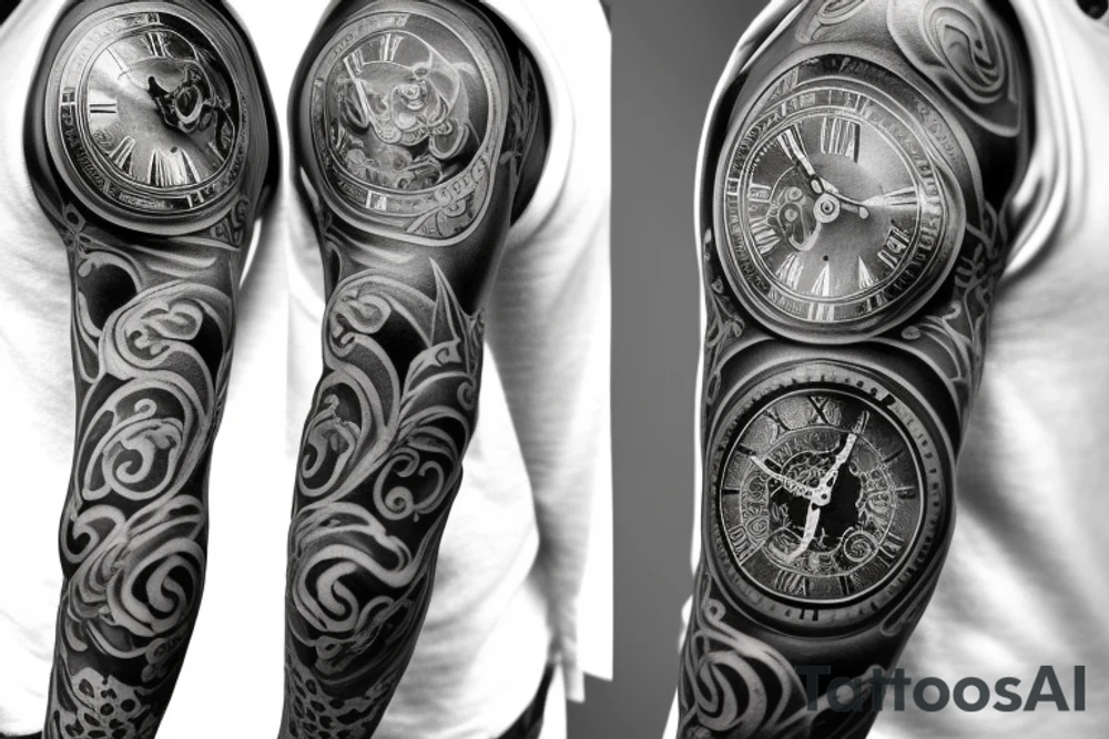 pocket watch and lily full sleeve tattoo tattoo idea