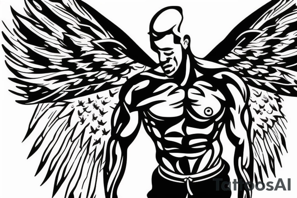 Bodybuilder male with wings aesthetic tattoo idea
