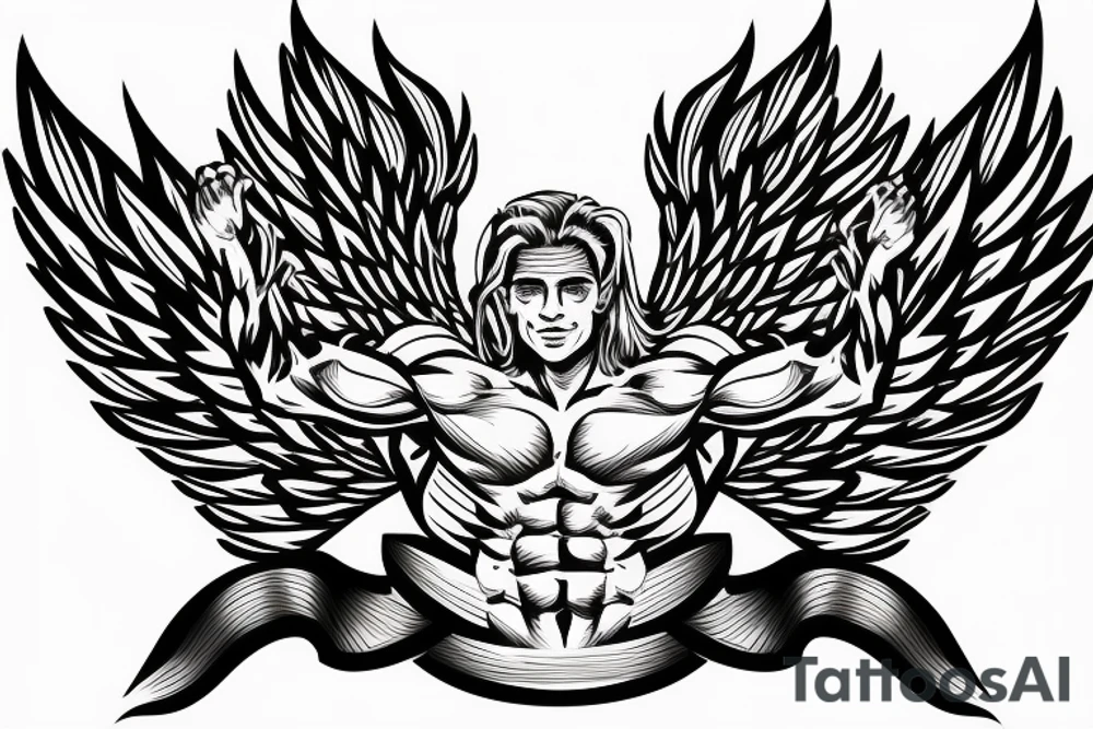 Bodybuilder male with wings aesthetic tattoo idea