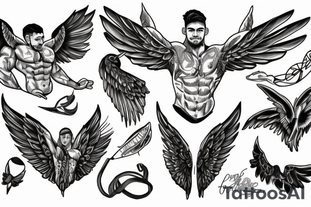 Bodybuilder male with wings aesthetic tattoo idea