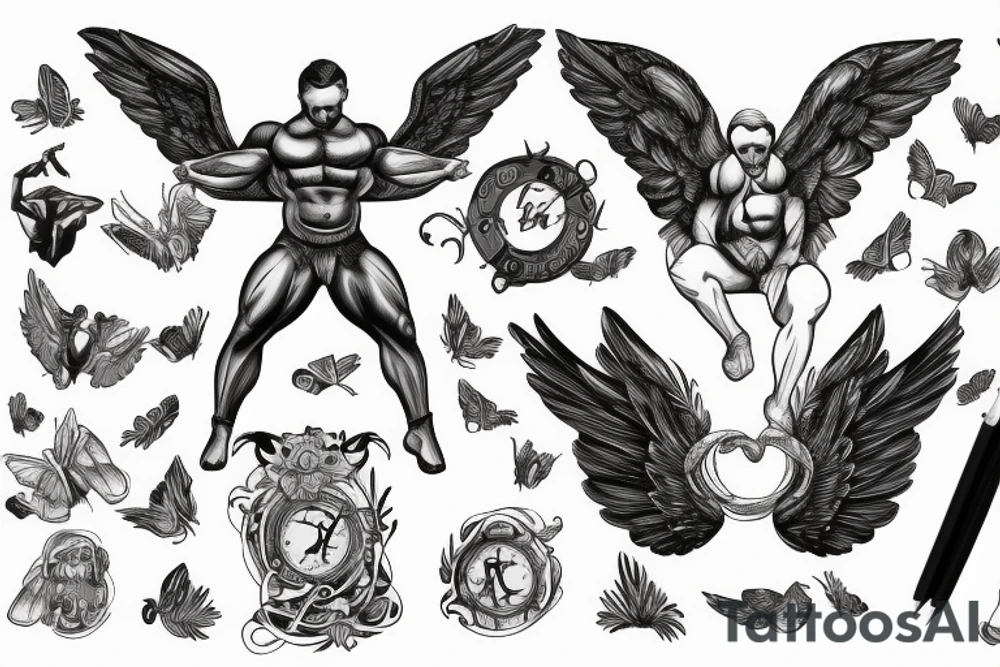 Bodybuilder male with wings aesthetic tattoo idea