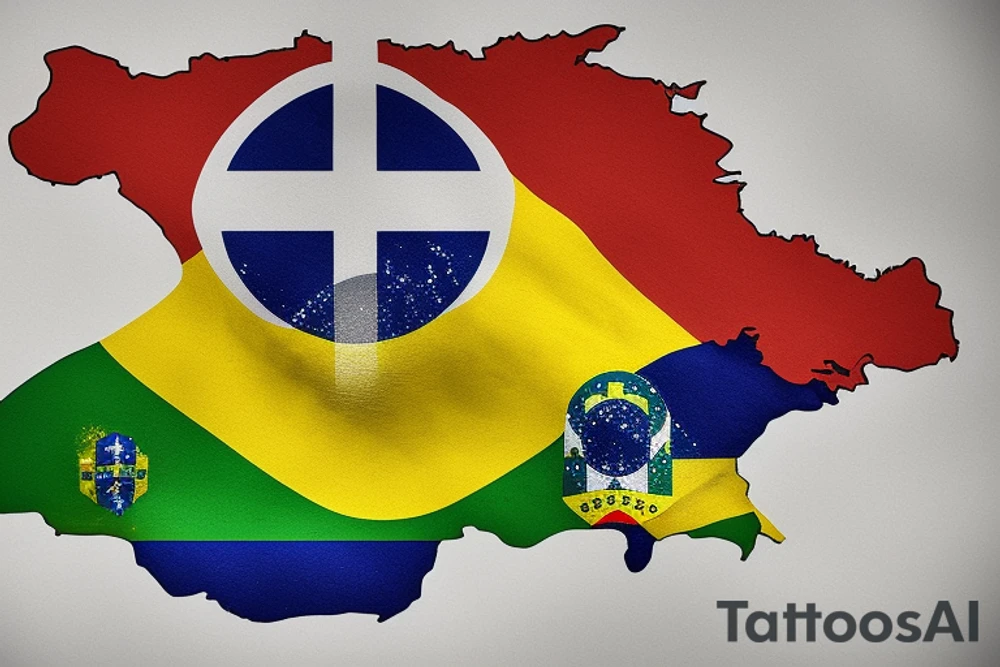Brazil flag within new zealand map outline tattoo idea
