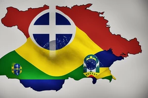 Brazil flag within new zealand map outline tattoo idea
