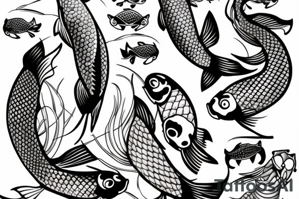 Koi fish swimming around a pair of fishing hooks tattoo idea