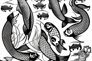 Koi fish swimming around a pair of fishing hooks tattoo idea