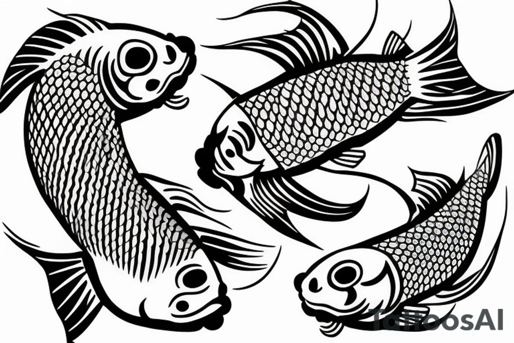 Koi fish swimming around a pair of fishing hooks tattoo idea