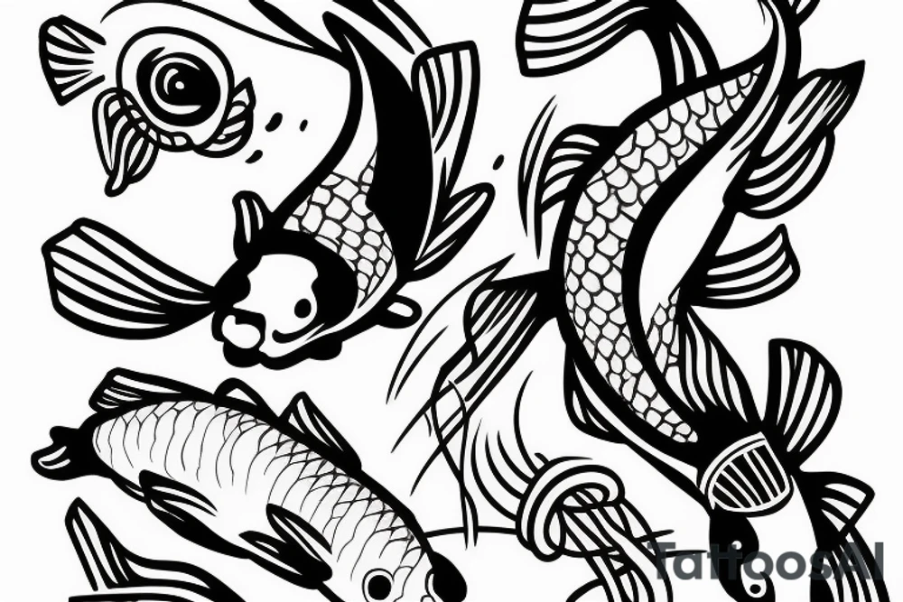Koi fish swimming around a pair of fishing poles in a cross tattoo idea