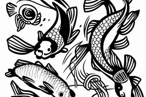 Koi fish swimming around a pair of fishing poles in a cross tattoo idea