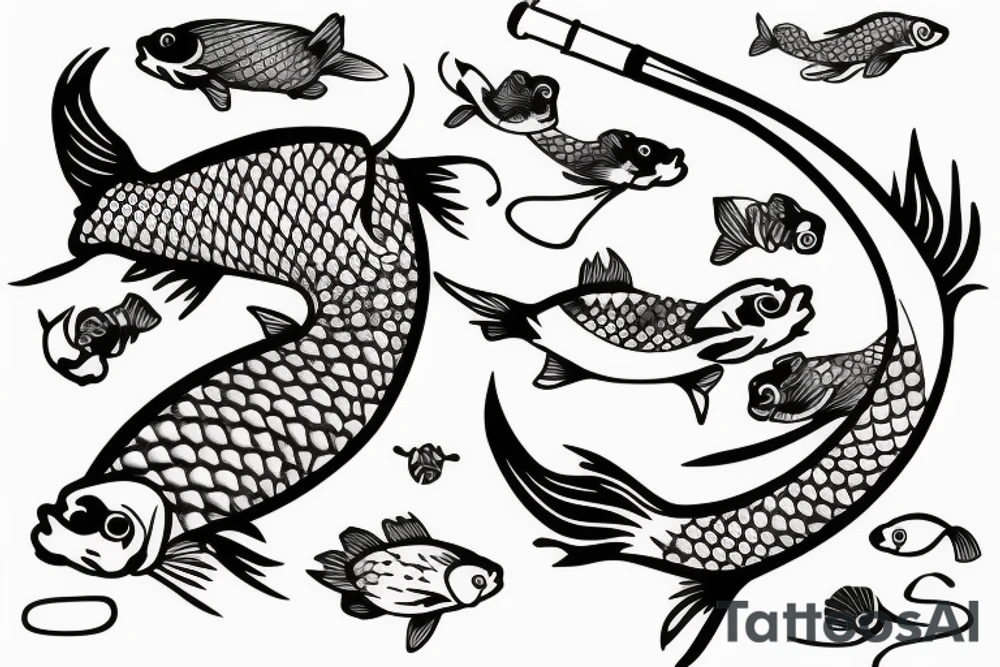 Koi fish swimming around a pair of fishing poles in a cross tattoo idea