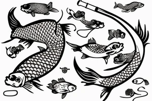 Koi fish swimming around a pair of fishing poles in a cross tattoo idea
