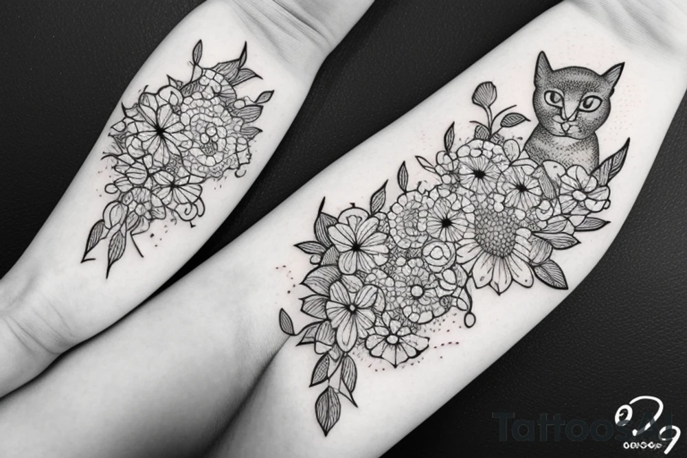 cat and flower tattoo idea