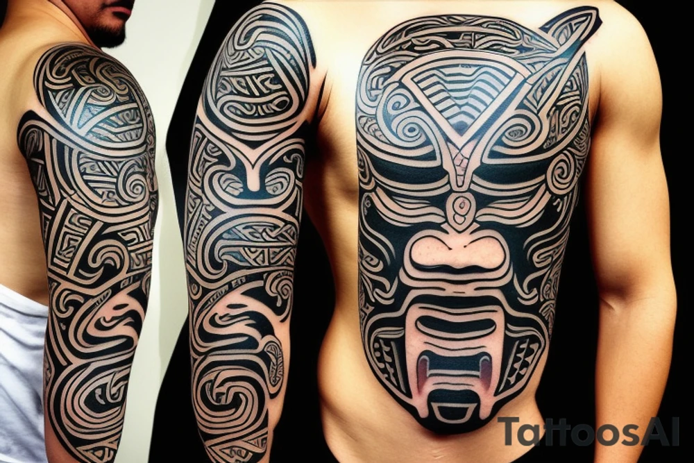 Maori warrior wearing an oni mask tattoo idea