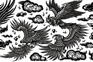 rising pheonix, sky, clouds, smoke, sun, fierce tattoo idea