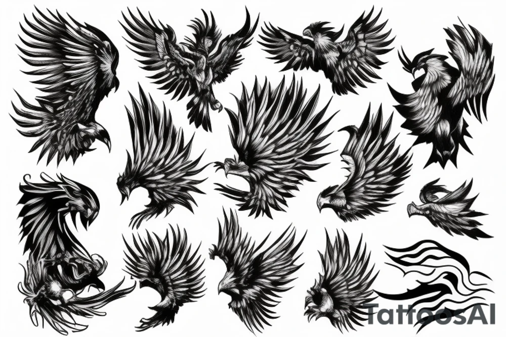 rising pheonix, sky, clouds, smoke, sun, fierce tattoo idea