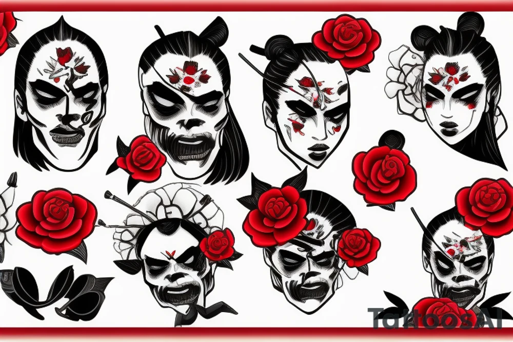 black samurai with red roses tattoo idea