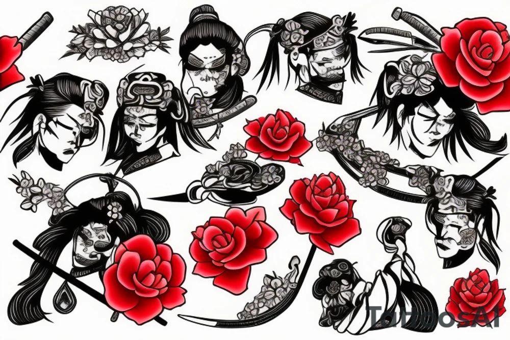 samurai with red roses tattoo idea