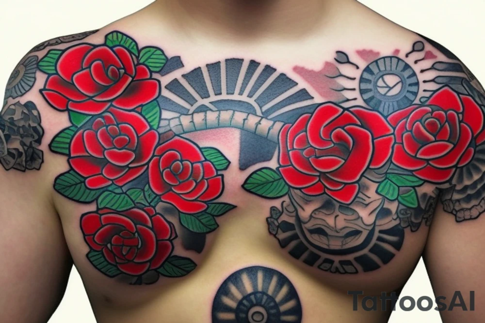 samurai with red roses tattoo idea
