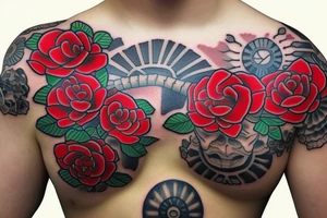samurai with red roses tattoo idea