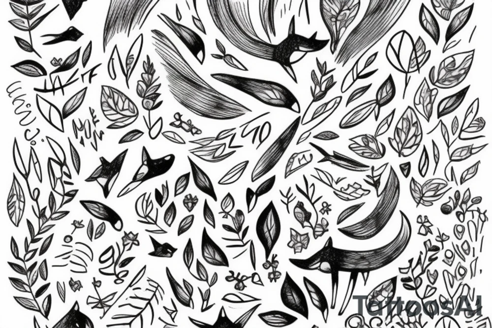 fox outline with fawn and hummingbird forest scene inside tattoo idea
