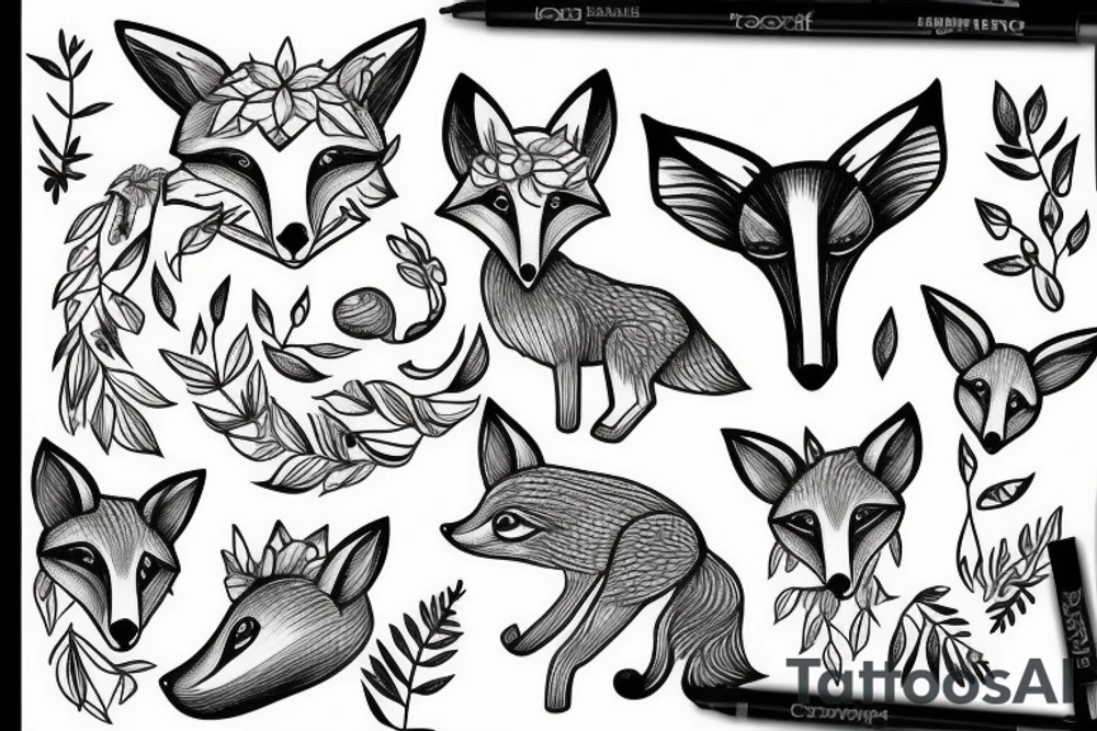 fox outline with fawn and hummingbird forest scene inside tattoo idea