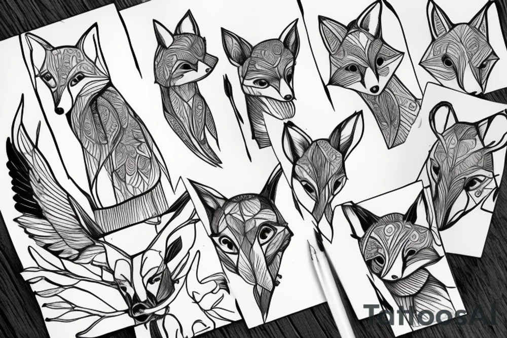 fox outline with fawn and hummingbird inside tattoo idea