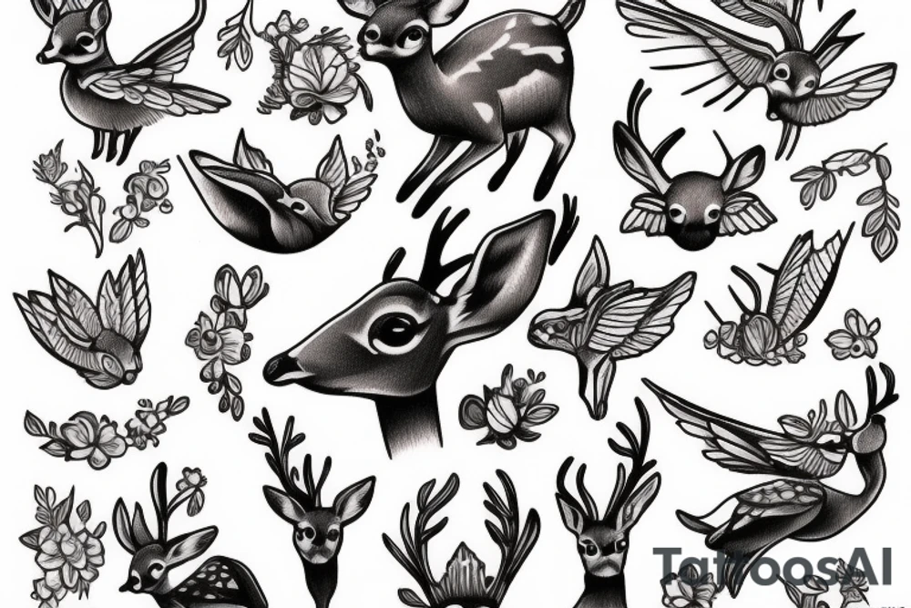 baby deer and hummingbird tattoo idea