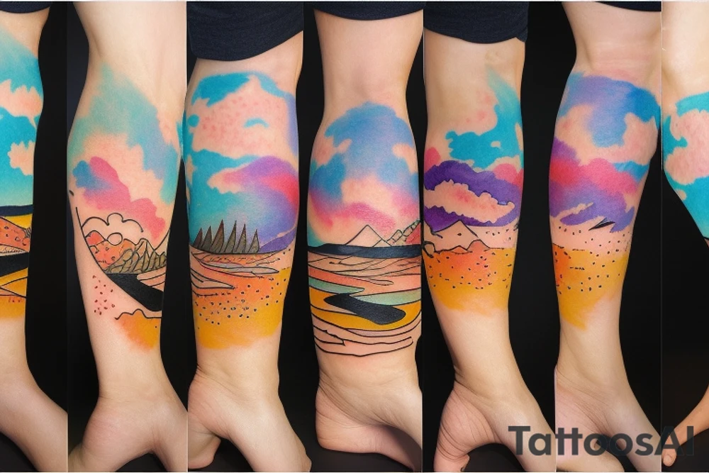 Leg sleeve. Landscape. Sunset. Water. tattoo idea