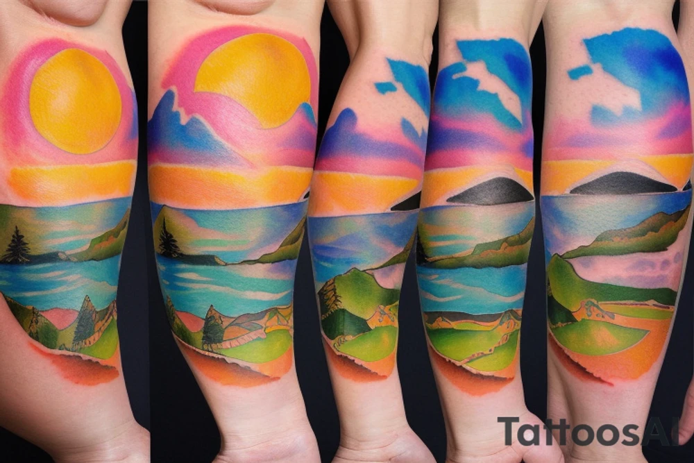 Leg sleeve. Landscape. Sunset. Water. tattoo idea