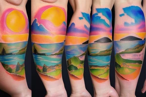 Leg sleeve. Landscape. Sunset. Water. tattoo idea